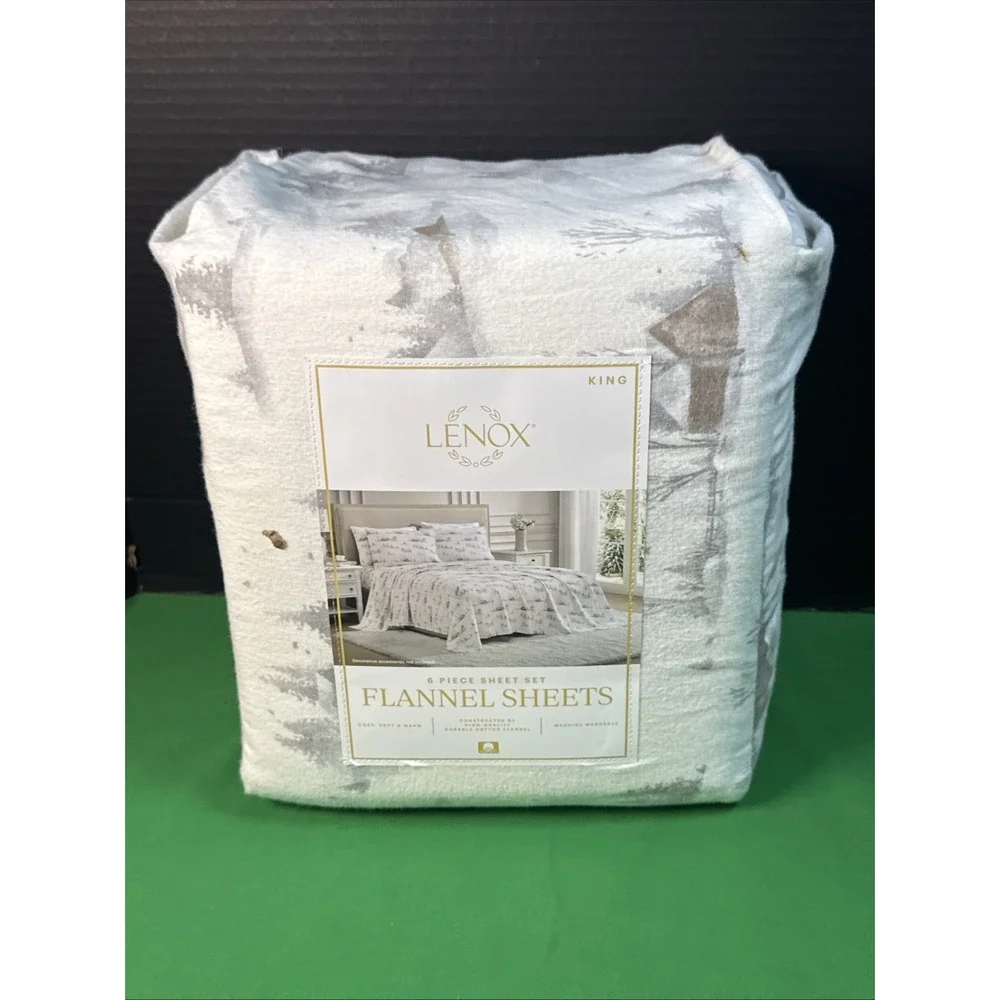 Lenox 6 Piece Flannel Sheet Set King Cottage Neutral 100% Cotton Winter Cabin